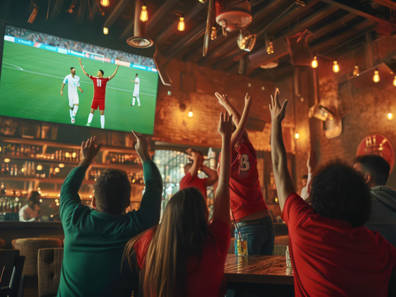 A group of people are watching a football game